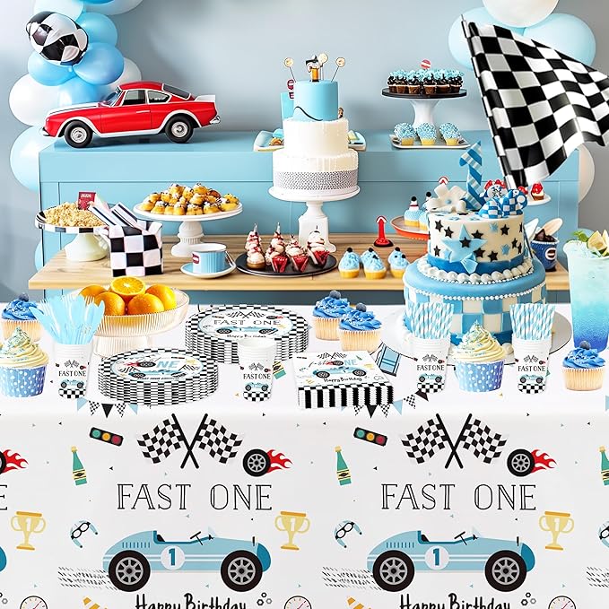 Race Car 1st Birthday Party Supplies - Fast One Plates And Napkins Decorations Boys Tableware, Plate, Cup, Napkin, Fork, Blue Race Car One-Year-Old Decorations | Serve 24