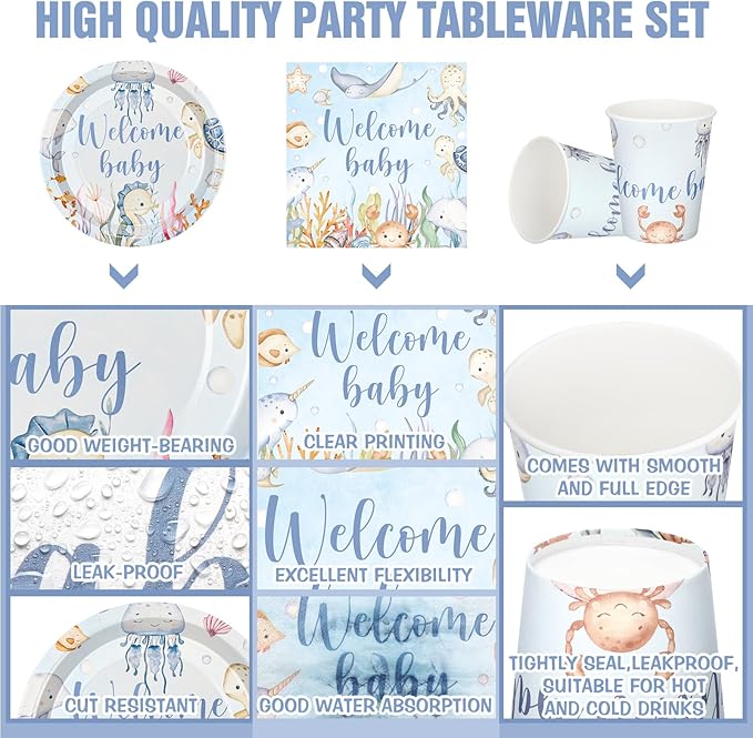 Hushee 200 Pcs Under the Sea Baby Shower Paper Plates Napkins Cups Baby Shower Party Supplies Tableware Set Disposable Cup Napkin for 50 Guest Party Decoration