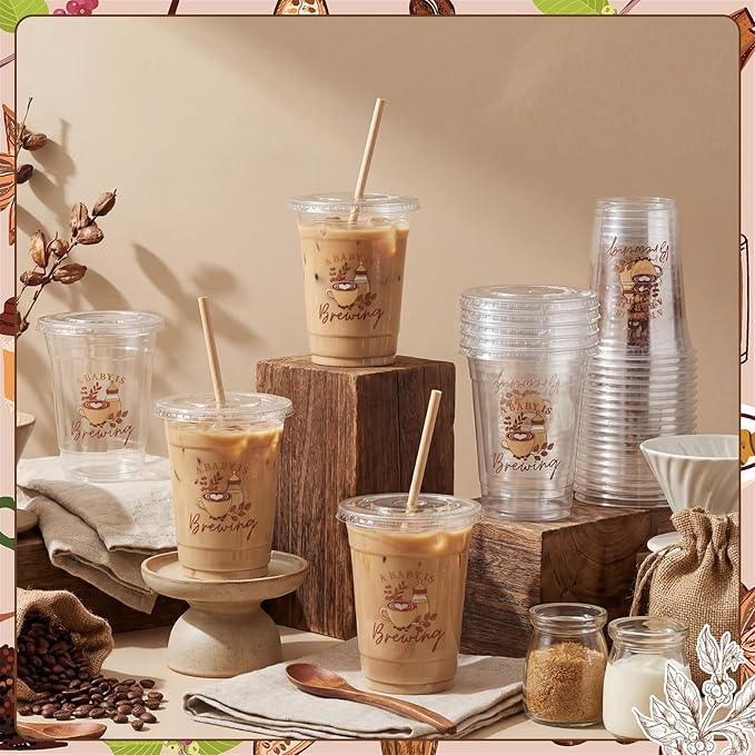 50 Pcs A Baby Is Brewing Plastic Cups Coffee Theme Tumblers Bulk Brown Brewing Baby Shower Party Decorations Disposable Cups for Coffee Theme Gender Reveal Party Supplies