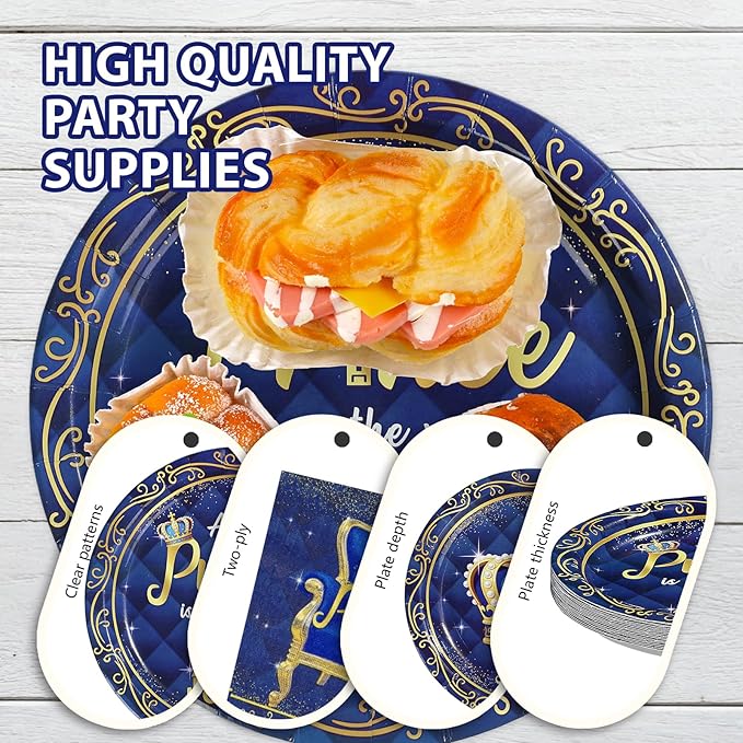 96Pcs Royal Prince Baby Shower Decorations A Little Prince is On His Way Plates and Napkins Blue Gold Little Prince Tableware Set for Kid Boy Baby Shower Birthday Party Supplies Serves 24