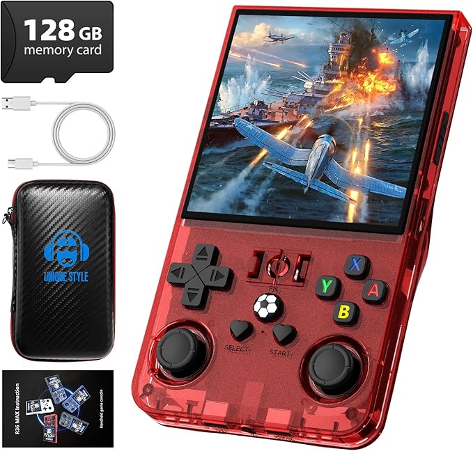 R36MAX Retro Handheld Game Console, 4.0 Inch 720x720 IPS Screen, 128GB Built-in 22000+ Classic Game, Portable Hand Held Open Source Linux System, 4000mAh Battery Retro Gaming Console(Red 128GB)