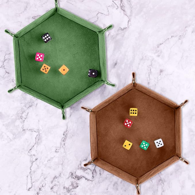 SIQUK 2 Pieces Dice Tray PU Leather Dice Trays Portable Folding Hexagon Dice Roller Tray for Dice Games Like RPG, DND and Other Table Games (Green, Camel)