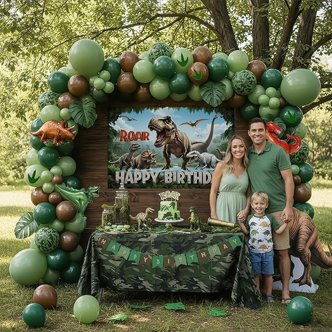 Dinosaur Birthday Party Decorations - Includes Green and brown balloon arch & Small dino Foil balloons & Banner Backdrop Footprint Sticker & for kids Jungle Dinosaurs T-REX ROAR themed party Supplies