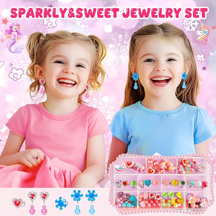 Kids Play Jewelry Sets, Princess Toys for Girls 4-6, 29 Pcs Little Girl Costume Jewelry, Unicorn Necklaces, Bracelets, Rings, Earrings, Dress Up Birthday Easter Gifts for Kids Pretend Play Party Favor