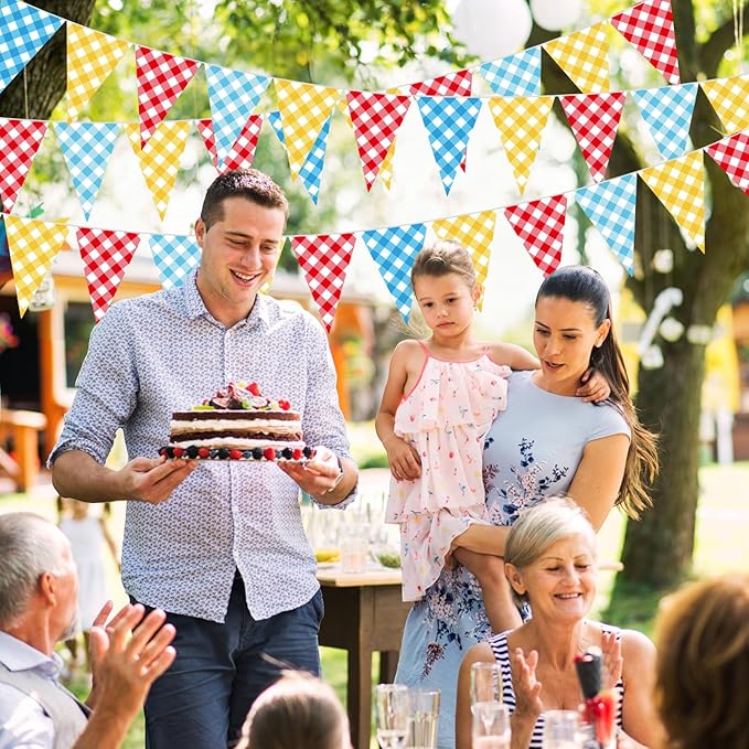 Pasimy 5 Pcs County Fair Party Decorations County Fair Hanging Pennant Banner Red Yellow Blue Checkered Triangle Flag Pennant Farm Theme Bunting Banner Garland for Birthday Party Supplies