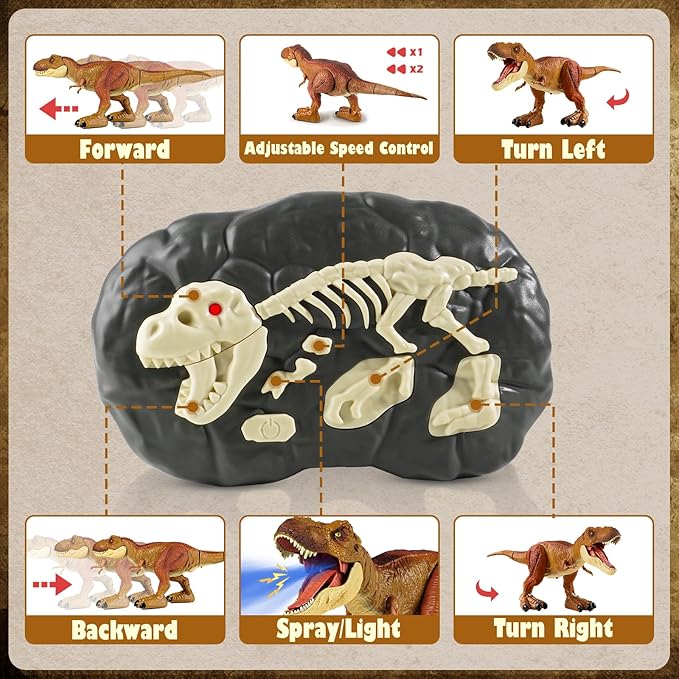 Tyrannosaurus Remote Control Dinosaur Toys for Kids 3-12, Adjustable Speed T Rex Toys with Mist Spray, Light & Roar, RC Robot Dinosaur Christmas, Birthday Gifts for Boys Girls（Brown）