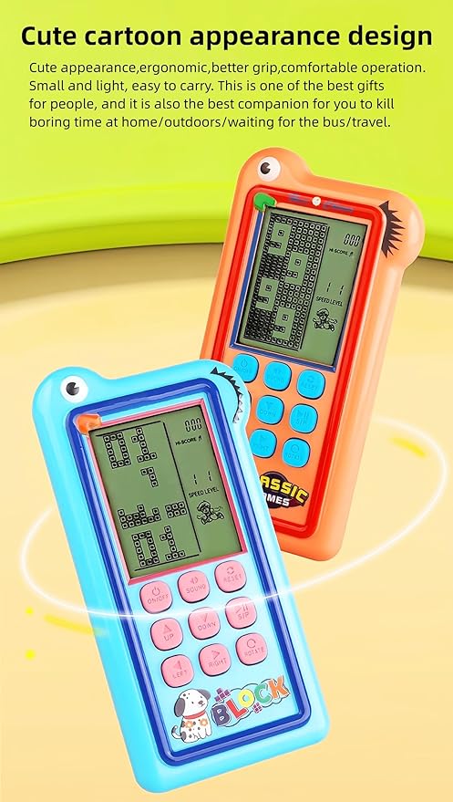 Cartoon Block Game Console Big Screen 23/26 Bricck Game Dual Mode Silicone Buttons Dual Powered by Rechargeable Lithium Battery/AA Retro Handheld Portable Toy Children/Teens Gifts (Orange)