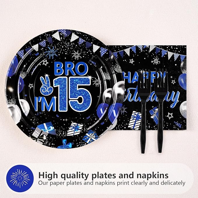 Grencian 96Pcs 15th Birthday Party Decorations for Boys Blue and Black 15th Birthday Plates Disposable Official Teen 15 Tableware for Teen Boy I’m 15 Bro 15 Years Old Halloween Party Serves 24