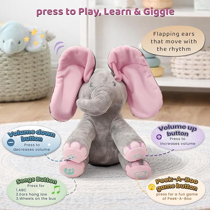 Dimple Kaia Peek A Boo Elephant Toy, Interactive Singing Stuffed Animal Plush with Moving Ears, Musical Stuffed Animal for Babies and Toddlers, Adorable Elephant Baby Toy
