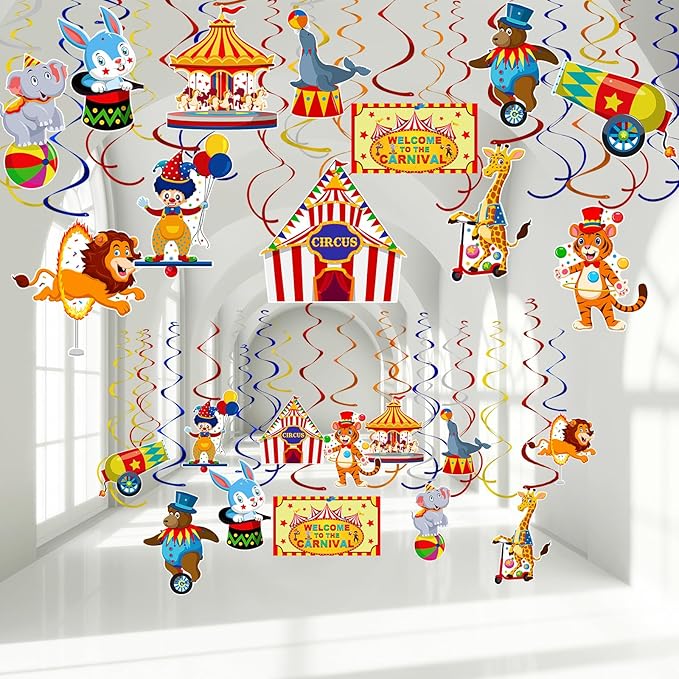 58 Pcs Carnival Circus Theme Party Decorations Circus Animal Hanging Swirl Decorations Carnival Hanging Swirl Ceiling Streamers Decor for Kids Girls Boys Birthday Baby Shower Party Favor