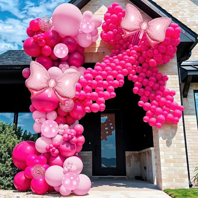 Pink Bow Balloons, 62Pcs 12Inch Hot Pink Bow Foil Balloons Set, Polka Dot and Confetti Latex Balloon for Girls Women Birthdays Baby Shower Bridal Bachelorette Cartoon Theme Valentine Party Decoration