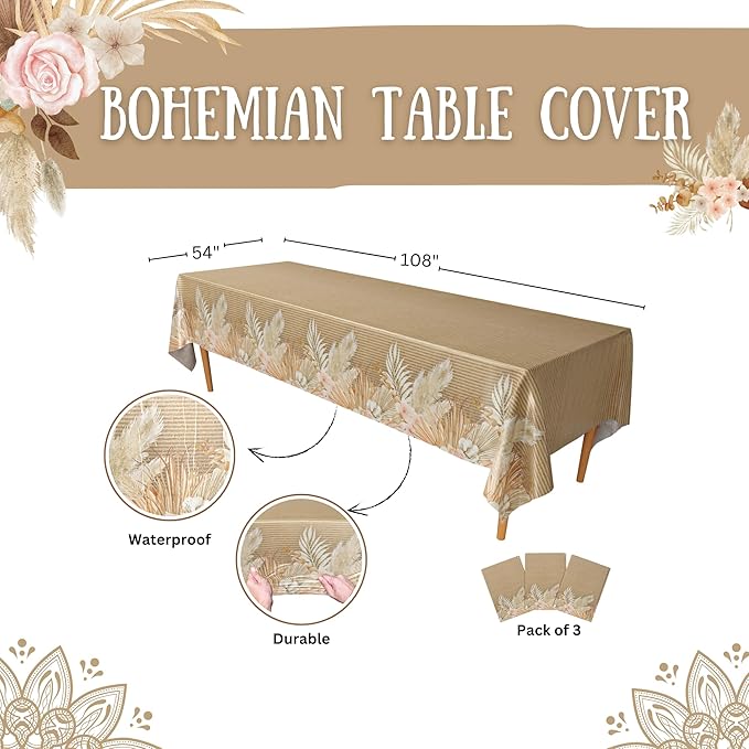 Blue Orchards Bohemian Table Cover (Pack of 3) - 54"x108" XL - Boho Chic Party, Rustic and Eclectic Theme Decorations, Floral Baby Shower, Bohemian Party Decorations