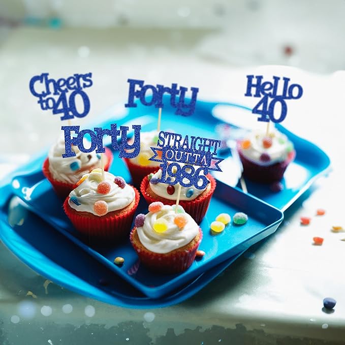 Ephlyn 24Pcs Happy 40th Birthday Cupcake Toppers Glitter Forty Straight Outta 1986 Cupcake Picks Hello 40 Cheers to 40 Years Birthday Cake Decorations for 40th Birthday Anniversary Party Supplies Blue