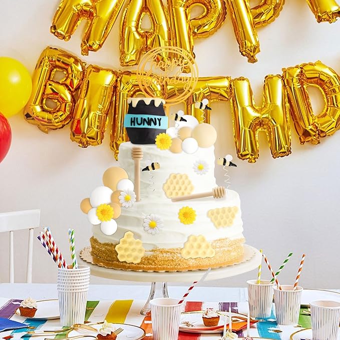 Hooqict 33 Pcs Bee Cake Decorations with Mini Honey Jar, Honeycomb, Honey Sticks, Bee Cake Toppers for Kids Boys Girls 1st 2nd 3rd Birthday Party Decorations Baby Shower