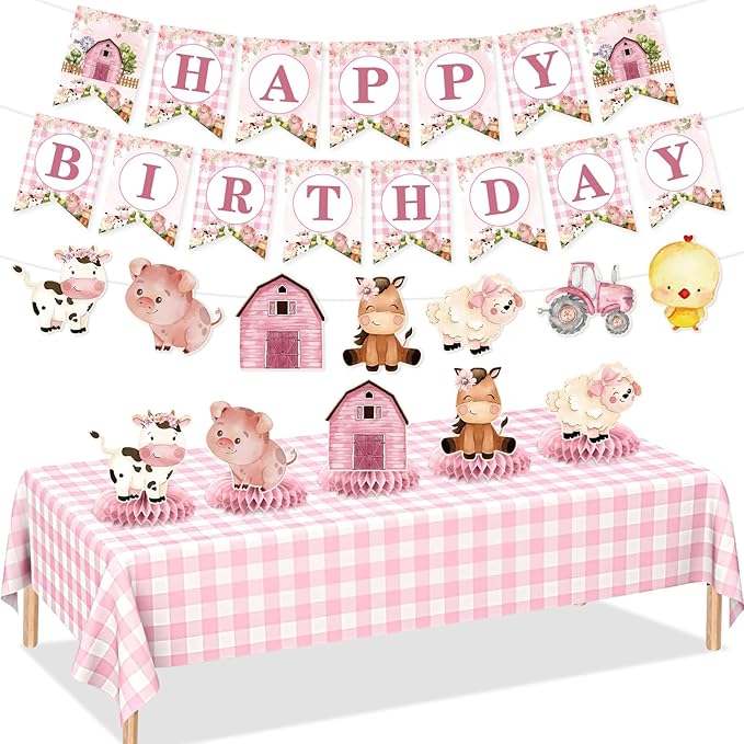 Pink Farm Animals Birthday Party Decorations for Girls Barnyard Baby Shower Supplies Set Includes Happy Birthday Banner Garland Tablecloth Honeycomb Centerpieces Watercolor Cow Pig Sheep Decor