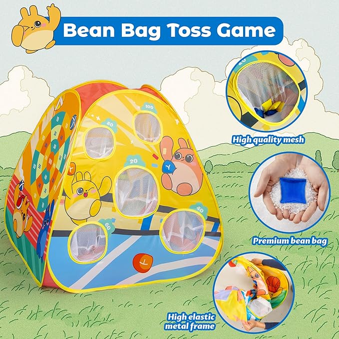 5-in-1 Kids Play Pop Up Tent with Bean Bag Toss Game Outdoor Toys, Tic Tac Toe, Dartboard,Soccer, Basketball, Carnival Outside Combo Set for Backyard Beach Lawn Party Fun, Birthday Gift for Boys Girls