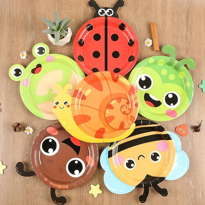 60 Pcs Bugs Party Plates Party Supplies Ladybug Bee Shaped Paper Plates Spring Garden Insect Animals Tableware for Kids Girls Boys Dinner Dessert Picnic Birthday Baby Shower Favor 7"