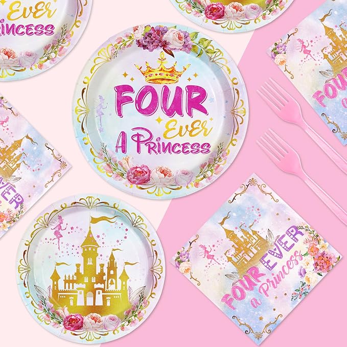 96 Pcs Princess Birthday Party Supplies 350 GSM Four Ever a Princess Plates and Napkins Tableware Set Watercolor Pastel Rainbow Castle Party Decorations for Girl 4th Birthday Fairytale Party Serves 24