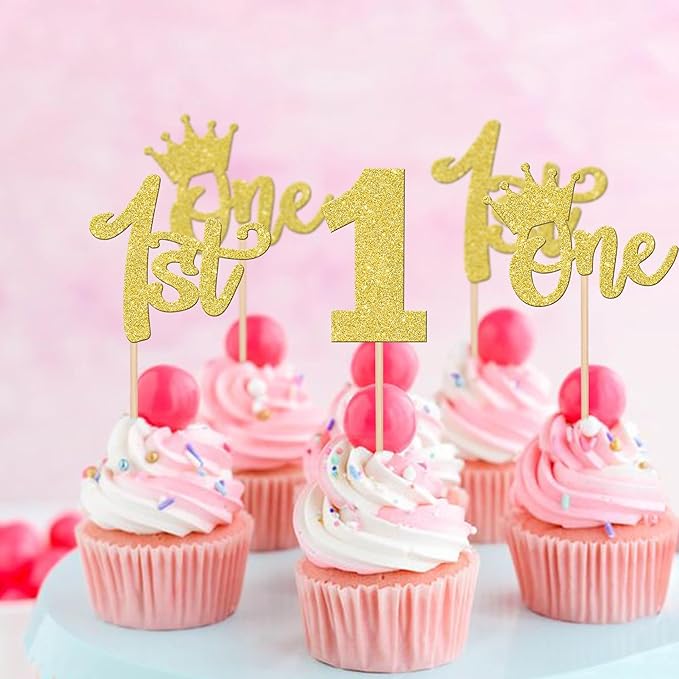 24 PCS 1st Birthday Cupcake Toppers - Glitter Crown Cupcake Picks for Baby Shower Kids 1st Birthday Boho Theme Party Cake Decorations - Gold