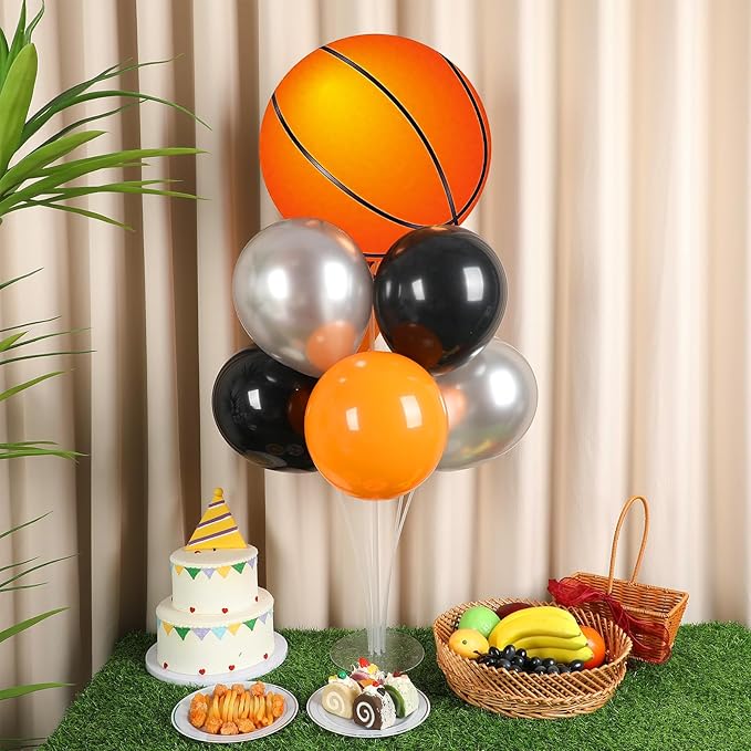Basketball Party Balloons Stand Kit - 2 Sets With 2 Basketball Ball Foil Balloons - Basketball Themed Party Balloon Centerpiece for Tables - Game Sports Birthday Party Decorations