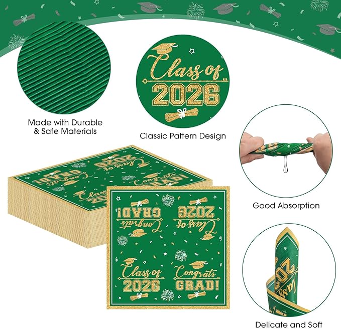 50 Pcs Graduation Napkins Class of 2026 - Green Gold Congrats Grad Napkins Set, 3-Ply Disposable Graduation Luncheon Dinner Party Paper Napkins for Graduations Party Supplies Table Decoration