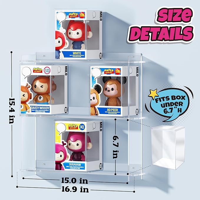 Wall Floating Shelves Compatible with 21 Funko Pops in Box, Clear Tiered Display Shelf for Collectibles, Acrylic Figurine Protector Display Case, Stackable Action Figures Collection Stand, 2 Pack