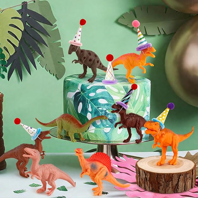 Hooqict 20Pcs Dinosaur Cake Decorations with Mini Birthday Party Hats Dinosaur Cake Topper for Kids Boys Girls Wild Animals Dino Themed Birthday Party Decorations Supplies