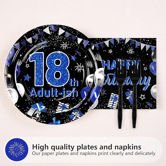 96Pcs 18th Birthday Decorations for Boys Blue and Black 18th Birthday Plates and Napkins Tableware Sets 18 & Adult-ish Party Decorations Favors for Teens 18 Years Old Party Supplies Serves 24