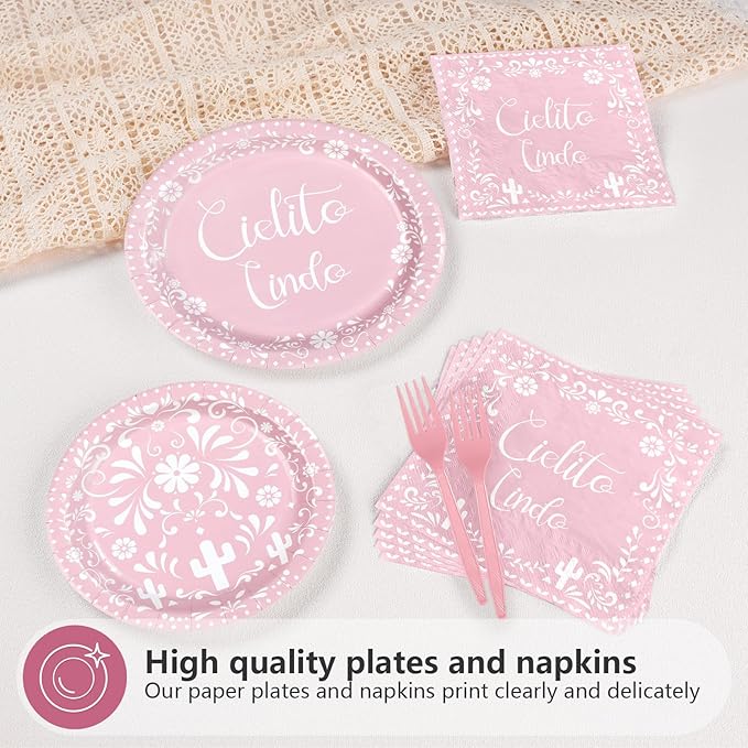 96Pcs Pink Cielito Lindo Party Decorations Mexican Fiesta Baby Shower Plates and Napkins Set Mexico Talavera Decorations for Girls Cinco De Mayo Baby Shower Birthday Party Supplies Serves 24