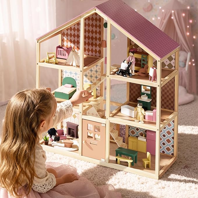 Tiny Land Wooden Dollhouse for Girls - 6 Rooms Wooden Doll House, DIY Pretend Doll House with 31Pcs Furniture Accessories, Creative Gift for Girl Ages 3+ (Dusty Pink)