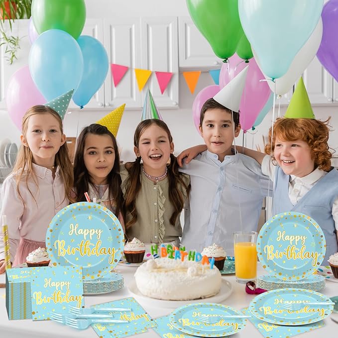 CHUNNIN 96PCS Blue Birthday Plates and Napkins Birthday Party Decorations Light Blue and Gold Dessert Plates Tableware for 24 Guests Kids Party Supplies