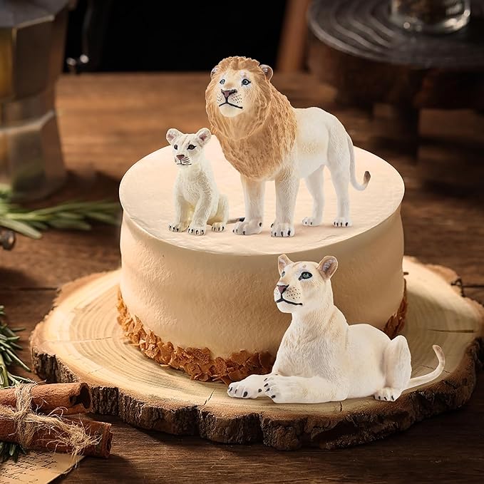 Toymany 6PCS White Lion Figurines with Lion Cubs, 2-5" Wild Life Jungle Animals Figures Realistic Family Set Includes Baby Lions, Educational Toy Cake Toppers Easter Birthday Present for Kids