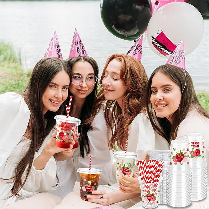 50 Pcs Strawberry Plastic Cups with Lids and Straws, 12 oz Strawberry Disposable Party Drinking Cups for Summer Spring Party Birthday Baby Shower Supplies