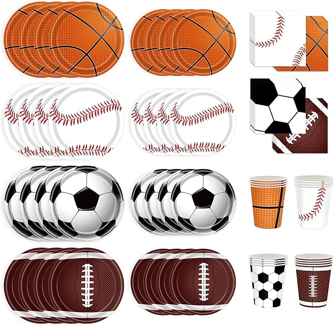 Sports Birthday Party Decorations, Sports Theme Party Supplies, Include Plates, Cups, Napkins, Soccer Basketball Baseball Football Theme Dinnerware (Serve 20)