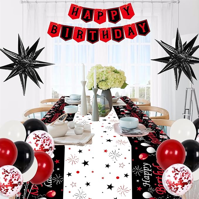 Red Birthday Decorations for Men Women Boys Girls, 75 PCS Red and Black Party Decorations Happy Birthday Backdrop Banner Party Supplies Confetti Star White and Black Balloons Arch Tablecloth