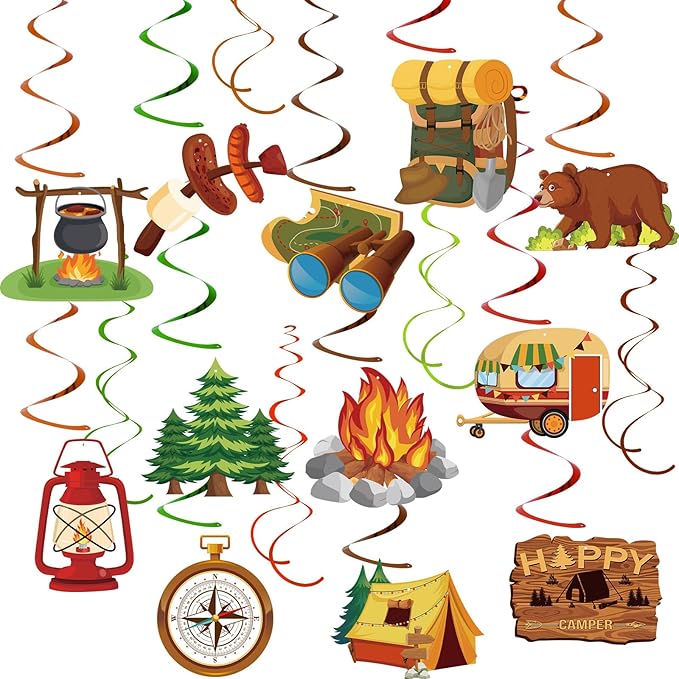 58 Pcs Camping Party Hanging Swirls Camping Themed Party Decorations Campings Adventure Sign Foil Swirls Ceiling Decorations for Kids Adults Campings Theme Party Indoor Outdoor Baby Shower