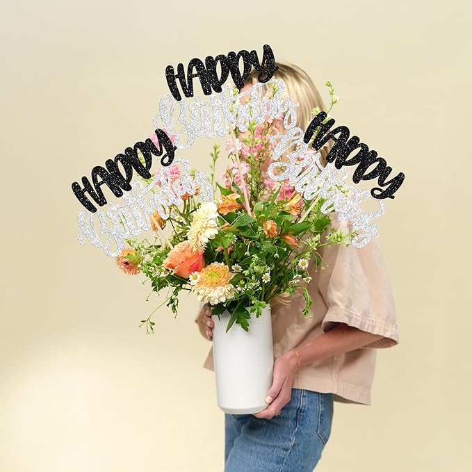 Gyufise 12Pcs Happy Birthday Centerpieces Sticks Double Sided Glitter Birthday Party Decorations Anniversary Table Flower Centerpiece for Celebrating Party Supplies Black Silver