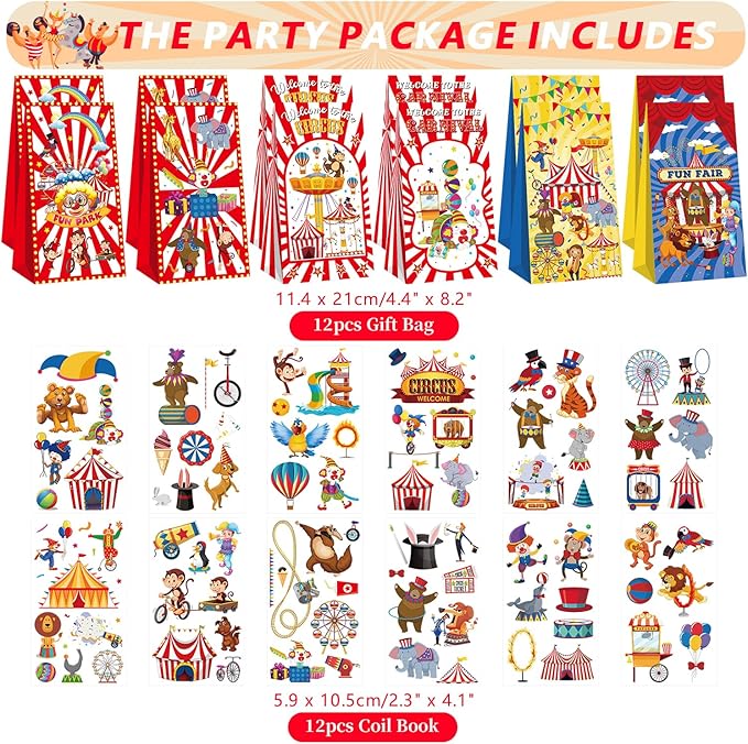 Circus Party Favor Bags, 12 Slap Bracelets, 12 Carnival Party Bags, 12 Tattoo Stickers, 12 Carnival Keychains for Circus Themed Birthday Party Supplies