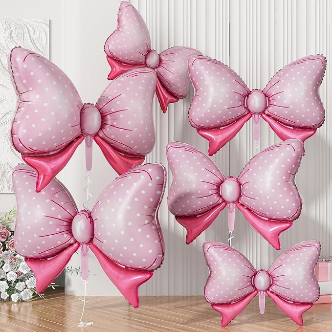 Pink Bow Balloons Different Sizes, Pink Mouse Birthday Decorations Large Polka Dot Bow Foil Mylar Balloons for Girls Kids Cartoon Mouse Theme Oh Twodles Birthday Baby Shower Gender Reveal Party