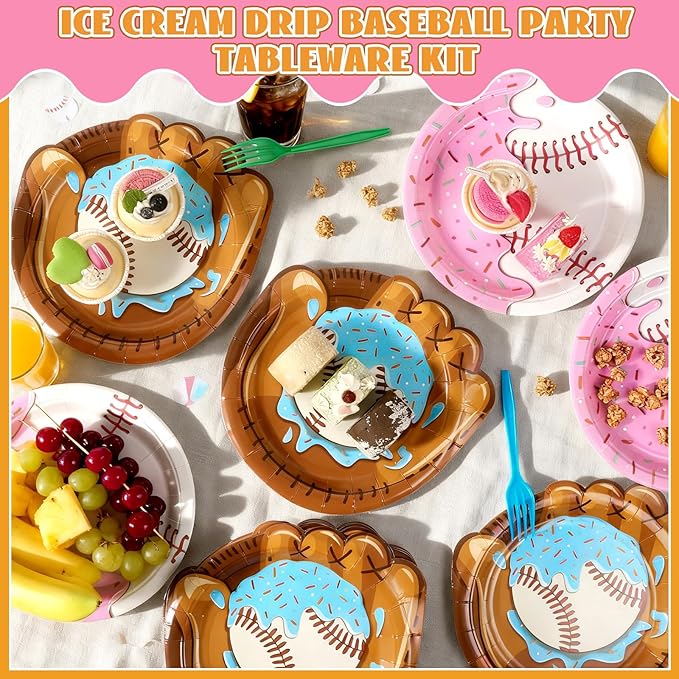 50Pcs Ice Cream Drip Baseball Paper Plates Sports Themed Birthday Party Decorations 9 Inch Baseball Ice Cream Theme Dinner Plates Disposable Tableware for Birthday Team Celebration Game Day Supplies
