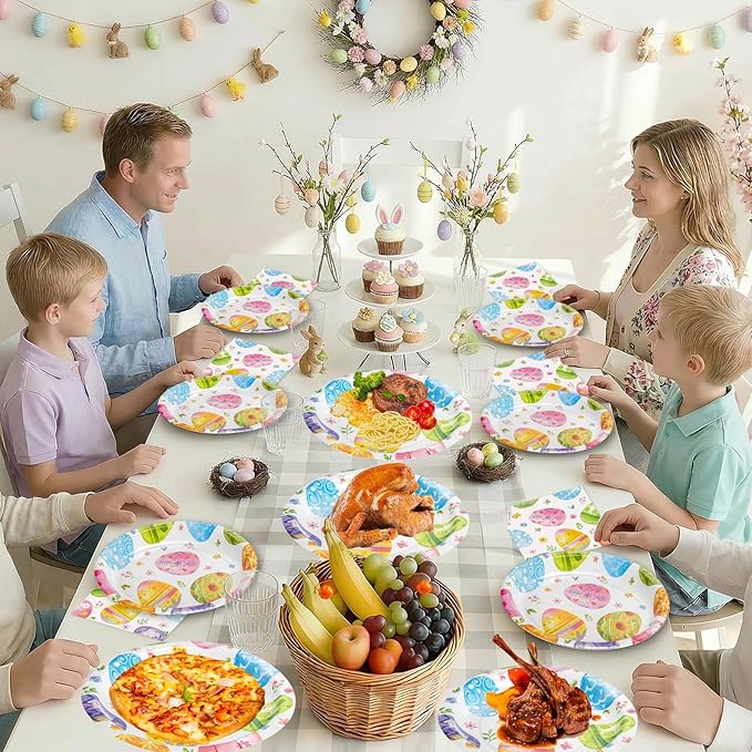 150 Pack Happy Easter Plates and Napkins Sets - Disposable Spring Paper Plates Napkins Dinnerware, Watercolor Easters Eggs Dessert Dinner Plate for Easter Party Supplies Table Decorations, Serve 50