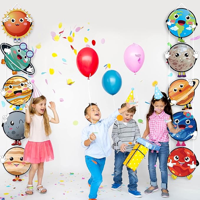 OSNIE 10Pcs Planets Theme Party Decor Supplies Outer Space Cardboard Cutout Door Porch Banner Wall Decor Blue Solar System Party Favors Photo Booth Prop for Kids Boys Space Birthday Party Decorations