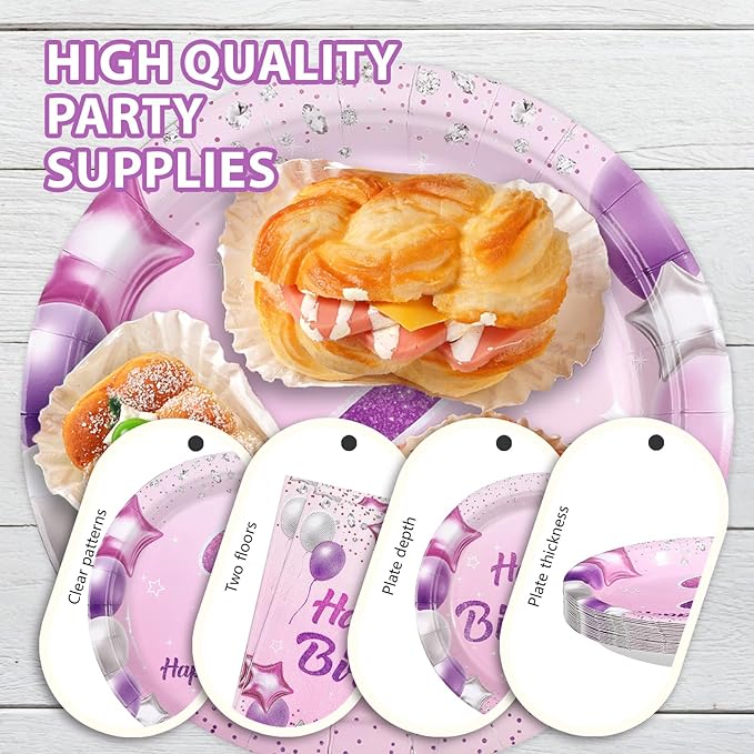 96Pcs Pink Purple 2nd Birthday Party Decorations Pastel 2nd Birthday Plates and Napkins Tableware Sets Pink Star Decorations Favors for Girls Baby Two Year Old Party Supplies Serves 24
