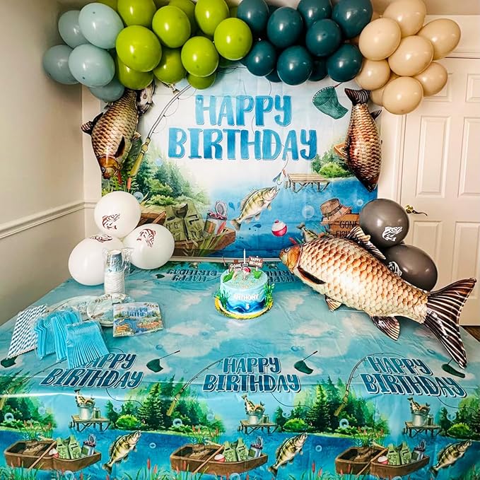 Fishing Birthday Party Decorations 274PCS Gone Fishing Plates Napkins Tablecloth Cups Balloons Banner All-in-1 Fish Party Decorations Birthday Party Supplies Serve 24
