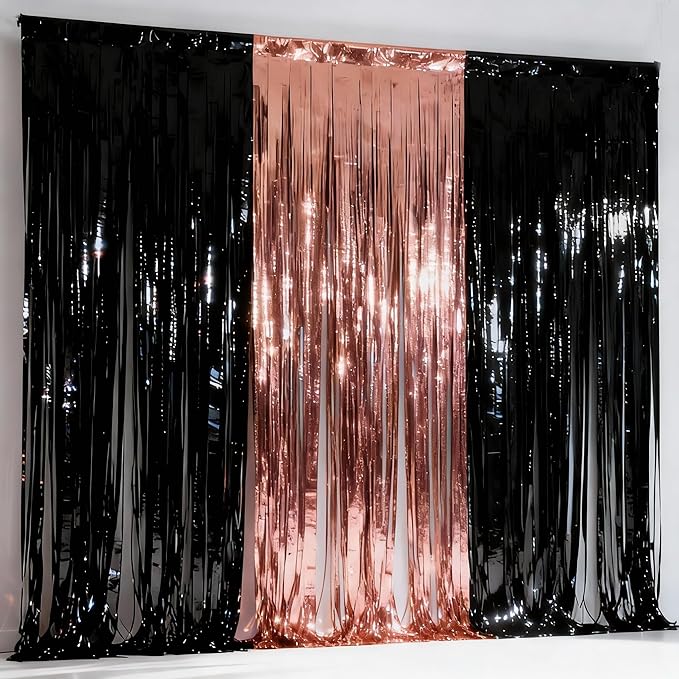 3 Packs Rose Gold and Black Foil Fringe Curtains, Birthday Party Decorations Backdrop Tinsel Steamer, Wedding Engagement Bridal Shower Party Decorations Retirement Decor Graduation Party Backdrop