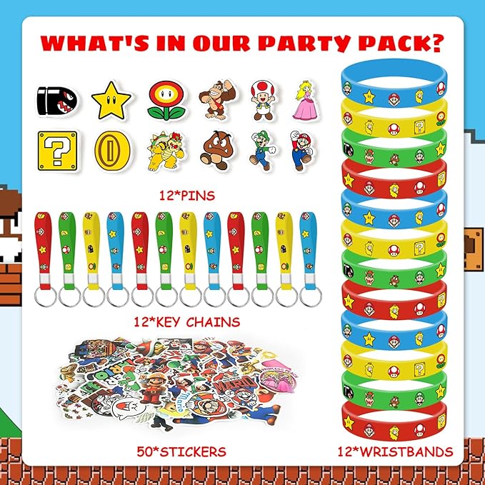 Mario Birthday Party Supplies, 86PCS Birthday Gifts Set for Mario Theme Party