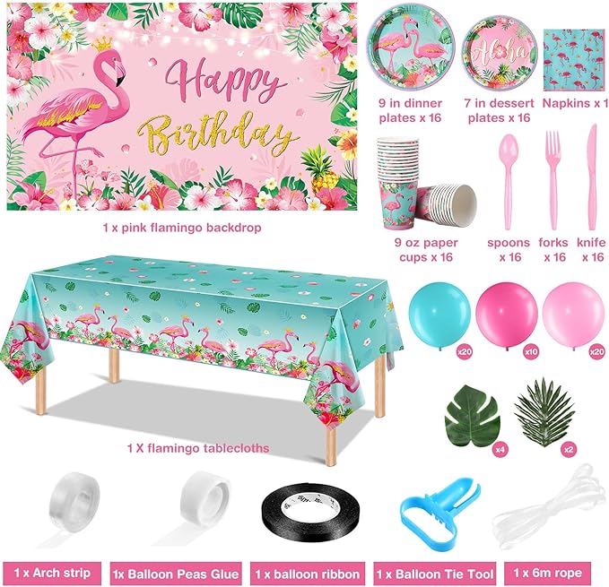 Blosssound 171 Pcs Flamingo Birthday Party Supplies 16 Sets Tropical Hawaiian Party Decorations Include Napkins Plates Cups Spoons Forks Knife Balloons Leaves Backdrop Tablecloth for Girls Boys Kids