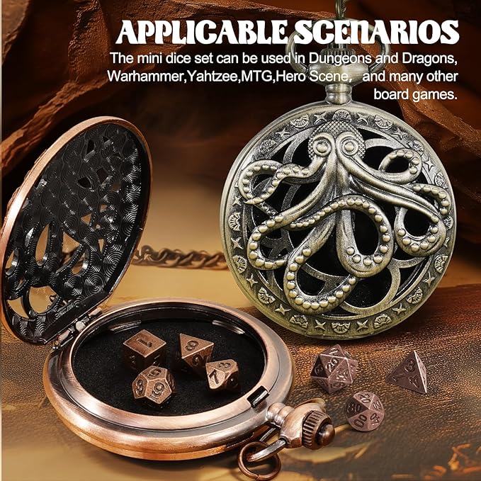 D&D Dice Set,7PCS Metal Dice for Dungeons and Dragons,Mini Dice Set with Pocket Watch Case,Role Playing Board Games Accessories (Octopus, Copper)