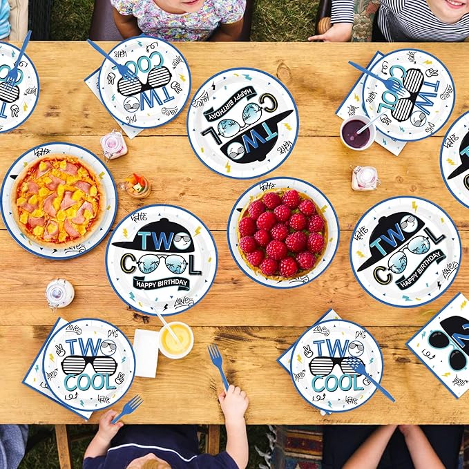 96Pcs Two Cool Birthday Party Decorations Blue 2nd Birthday Plates and Napkins Palm Frond Sunglasses Disposable Paper Tableware Set for Boys 2 Year Old Party Supplies Serves 24
