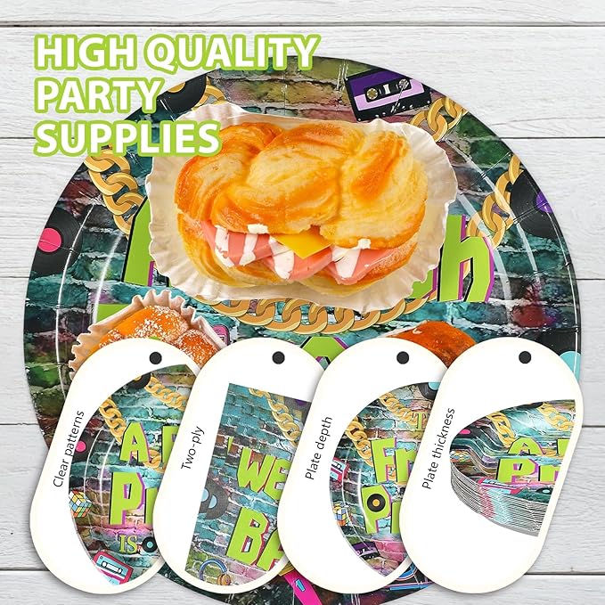 96Pcs Fresh Prince Baby Shower Party Decorations 90s Hip Hop Graffiti Plates and Napkins Disposable Vintage Themed Tableware Set for 90s Fresh Prince Boys Baby Shower Birthday Party Supplies Serves 24